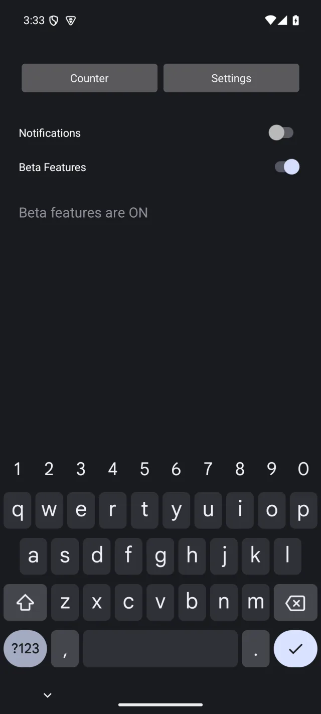 Android screenshot, beta-enabled: Settings, with the Beta Features toggle on and the line "Beta features are ON".