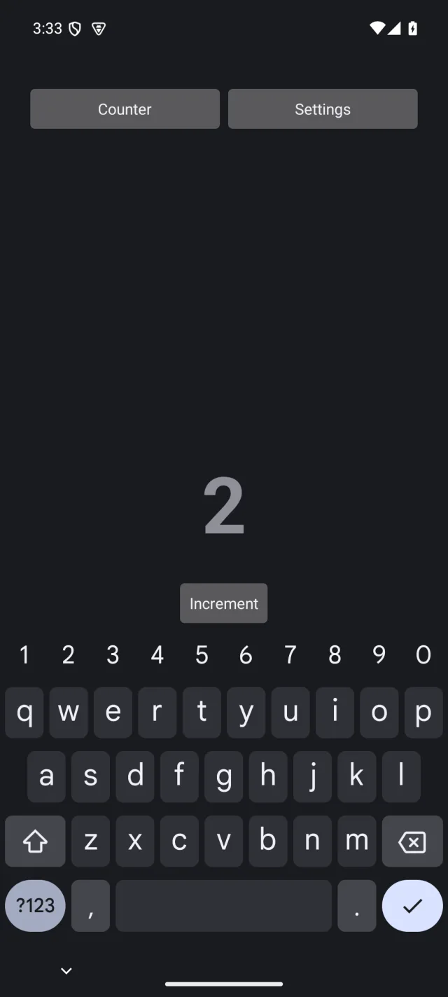 Android screenshot, counter: The Counter screen reading 2, above an Increment button.