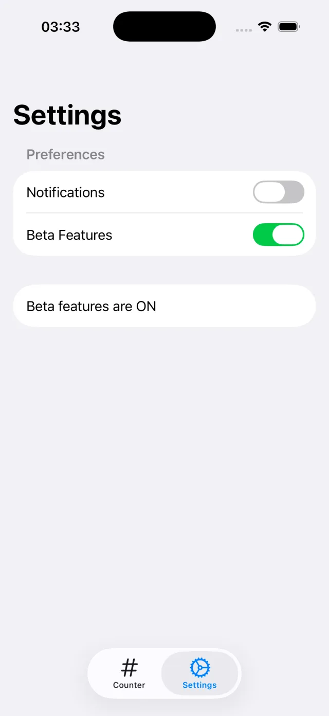 iOS screenshot, beta-enabled: Settings, with the Beta Features toggle on and the line "Beta features are ON".