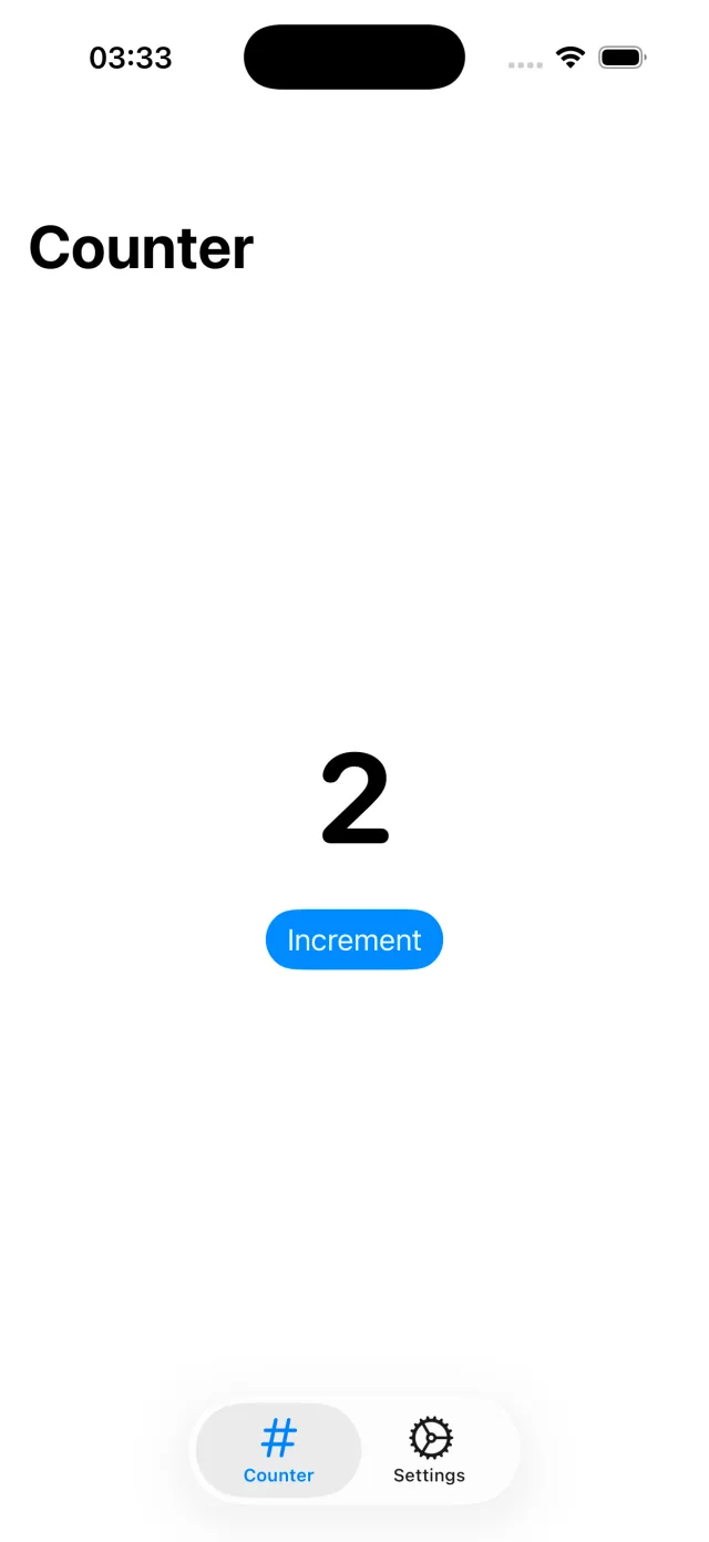 iOS screenshot, counter: The Counter screen reading 2, above an Increment button.